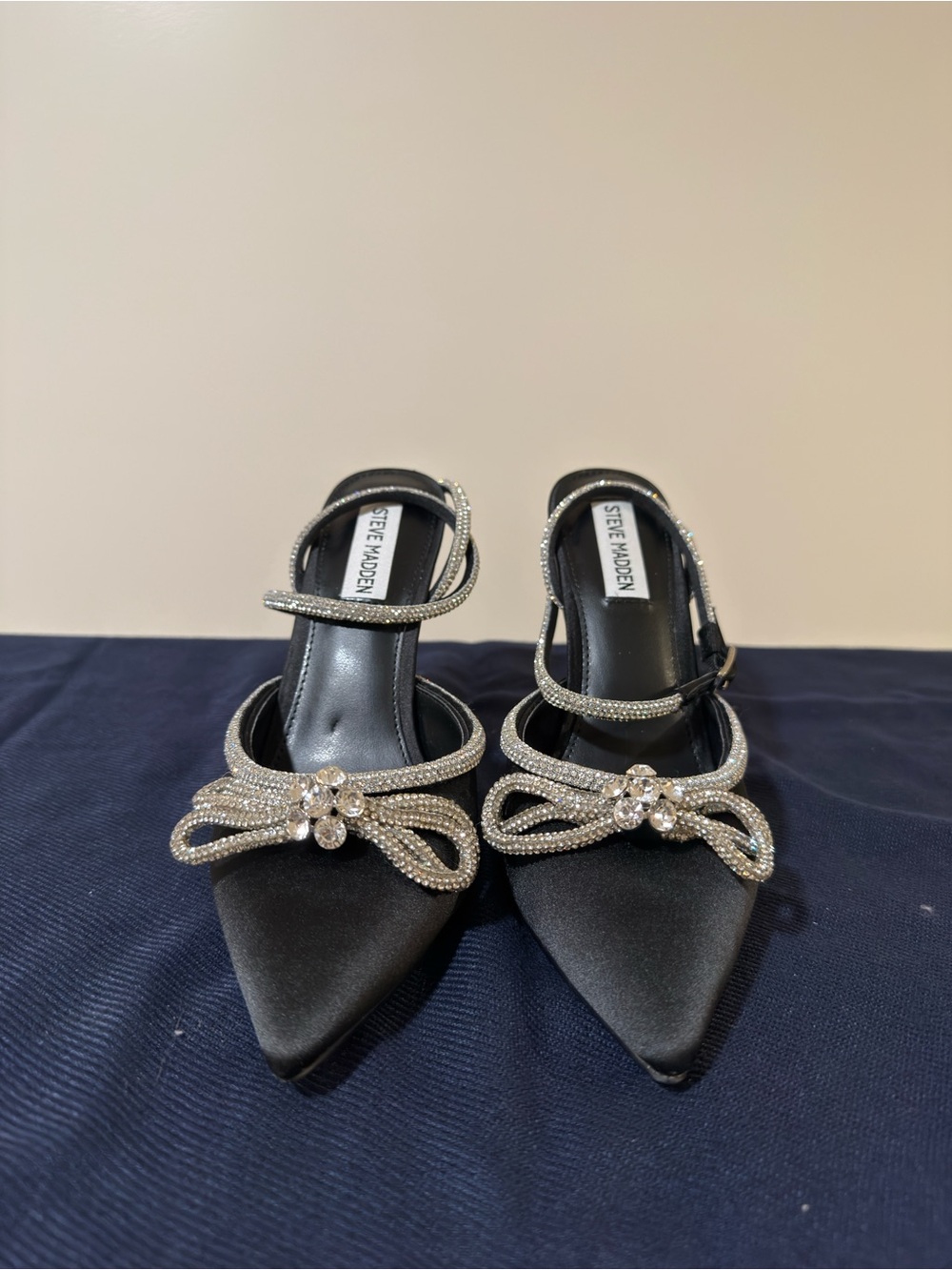 Steve Madden Black Satin Pointed Toe Heels with Crystal Bow